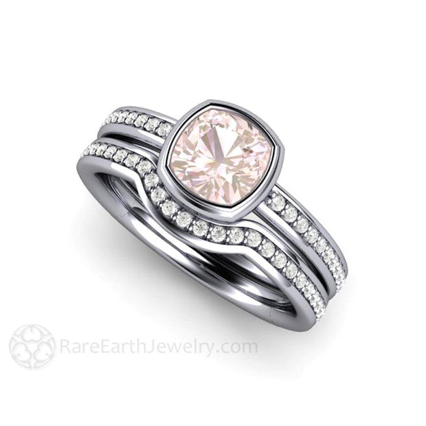 Bezel Set Cushion Pink Sapphire Engagement Ring with Diamonds Platinum - Wedding Set - Rare Earth Jewelry