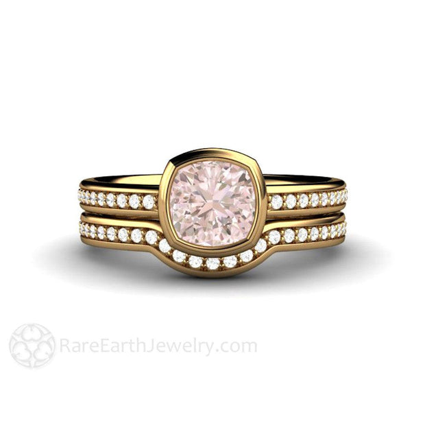 Bezel Set Cushion Pink Sapphire Engagement Ring with Diamonds 18K Yellow Gold - Wedding Set - Rare Earth Jewelry