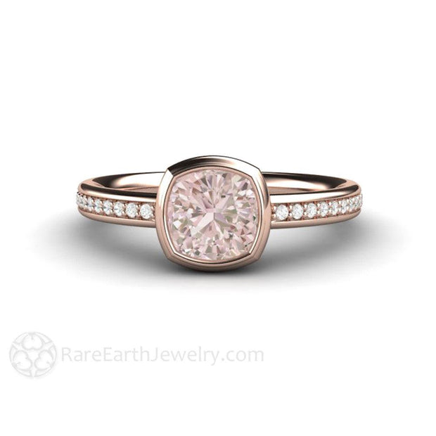 Bezel Set Cushion Pink Sapphire Engagement Ring with Diamonds 18K Rose Gold - Engagement Only - Rare Earth Jewelry