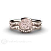 Bezel Set Cushion Pink Sapphire Engagement Ring with Diamonds 14K Rose Gold - Wedding Set - Rare Earth Jewelry
