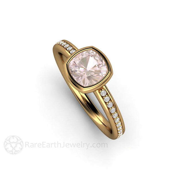 Bezel Set Cushion Pink Sapphire Engagement Ring with Diamonds 18K Yellow Gold - Engagement Only - Rare Earth Jewelry