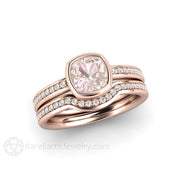 Bezel Set Cushion Pink Sapphire Engagement Ring with Diamonds 18K Rose Gold - Wedding Set - Rare Earth Jewelry