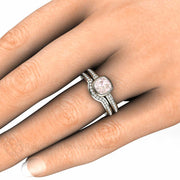 Bezel Set Cushion Pink Sapphire Engagement Ring with Diamonds 18K White Gold - Wedding Set - Rare Earth Jewelry
