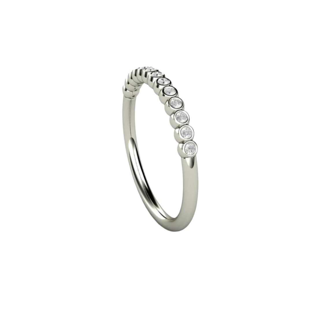 Side view of bezel set diamond wedding band, bubble style stackable ring | Rare Earth Jewelry