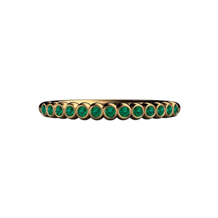 18K Gold Natural Emerald Ring Round Bezel Setting, Emerald Anniversary Band, May Birthstone Band | Rare Earth Jewelry