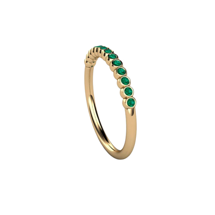 Bezel Set Natural Emerald Ring Side View, Dainty Anniversary Band, Bubble Style Stacking Ring in Gold and Platinum | Rare Earth Jewelry