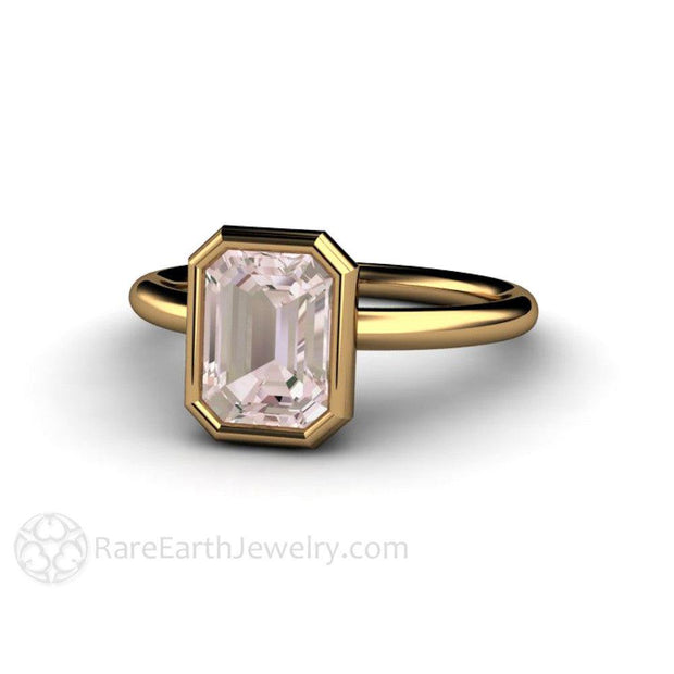 Bezel Set Morganite Ring Emerald Cut Solitaire Engagement Ring 18K Yellow Gold - Engagement Only - Rare Earth Jewelry