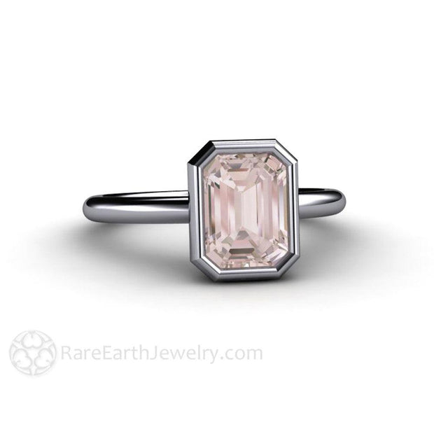 Bezel Set Morganite Ring Emerald Cut Solitaire Engagement Ring 18K White Gold - Engagement Only - Rare Earth Jewelry