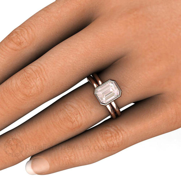 Bezel Set Morganite Ring Emerald Cut Solitaire Engagement Ring 14K Rose Gold - Wedding Set - Rare Earth Jewelry