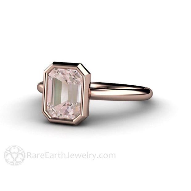 Bezel Set Morganite Ring Emerald Cut Solitaire Engagement Ring 14K Rose Gold - Engagement Only - Rare Earth Jewelry