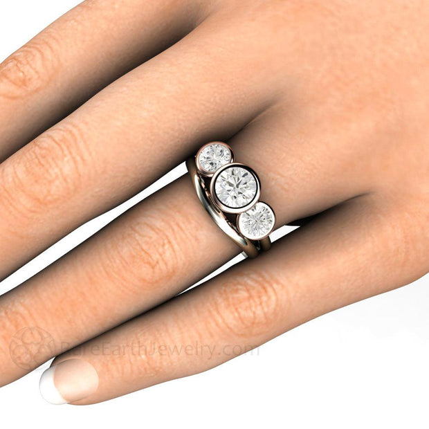 Bezel Set Three Stone Engagement Ring with Forever One Moissanite - 18K White/Rose Top - Engagement - April - Bezel - Moissanite - Rare Earth Jewelry