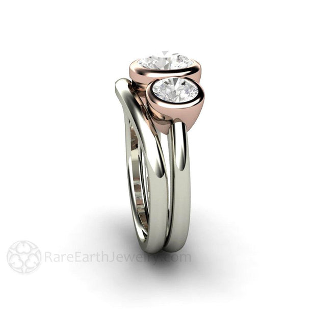 Bezel Set Three Stone Engagement Ring with Forever One Moissanite - 14K White/Rose Top - Set - April - Bezel - Moissanite - Rare Earth Jewelry