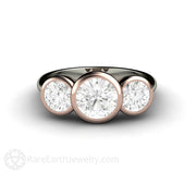 Bezel Set Three Stone Engagement Ring with Forever One Moissanite - 14K White/Rose Top - Engagement - April - Bezel - Moissanite - Rare Earth Jewelry