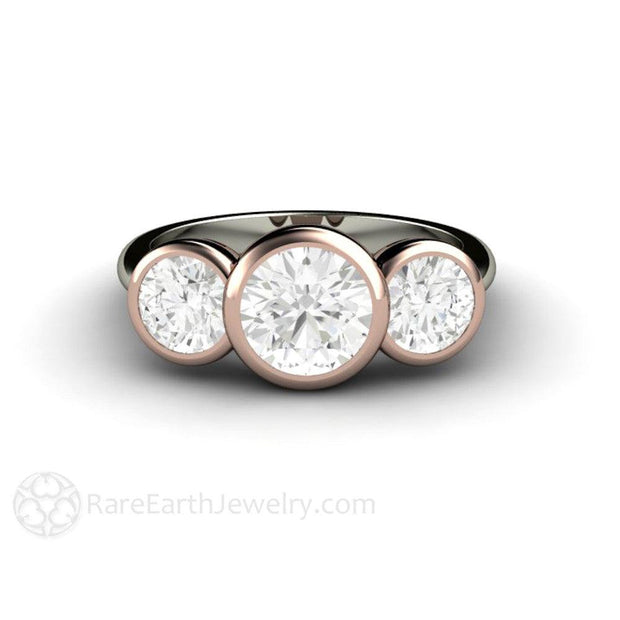 Bezel Set Three Stone Engagement Ring with Forever One Moissanite - 14K White/Rose Top - Engagement - April - Bezel - Moissanite - Rare Earth Jewelry