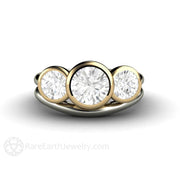 Bezel Set Three Stone Engagement Ring with Forever One Moissanite - 14K White/Yellow Top - Set - April - Bezel - Moissanite - Rare Earth Jewelry
