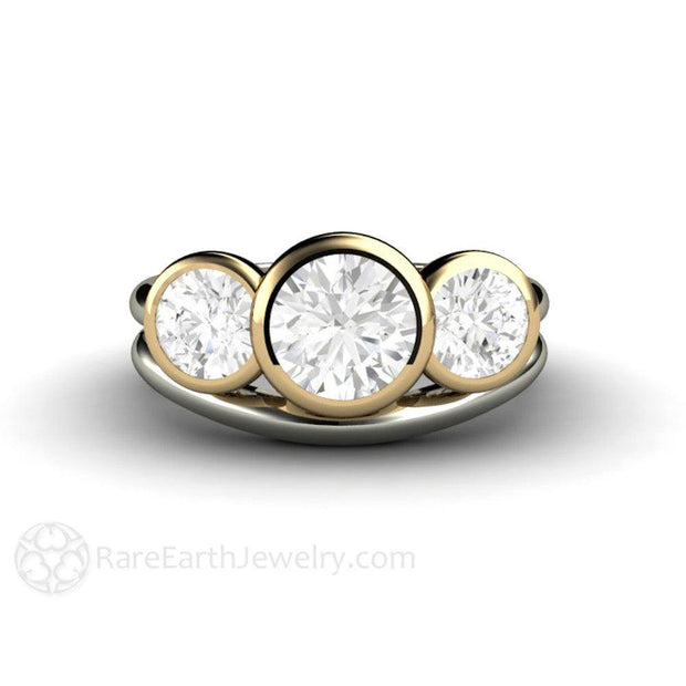 Bezel Set Three Stone Engagement Ring with Forever One Moissanite - 14K White/Yellow Top - Set - April - Bezel - Moissanite - Rare Earth Jewelry