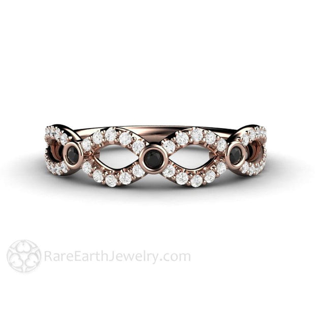 Black and White Diamond Infinity Wedding Ring Anniversary Band 14K Rose Gold - Rare Earth Jewelry
