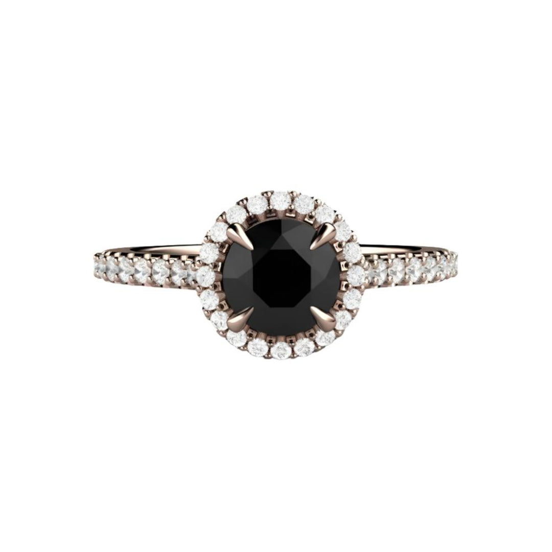 Black Diamond Engagement Ring, 1ct Round Pavé Halo, Cathedral Setting, Claw Shaped Prongs and Hidden Diamonds | Rare Earth Jewelry