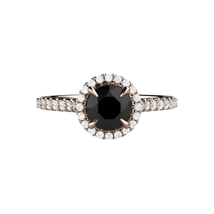Black Diamond Engagement Ring, 1ct Round Pavé Halo, Cathedral Setting, Claw Shaped Prongs and Hidden Diamonds | Rare Earth Jewelry