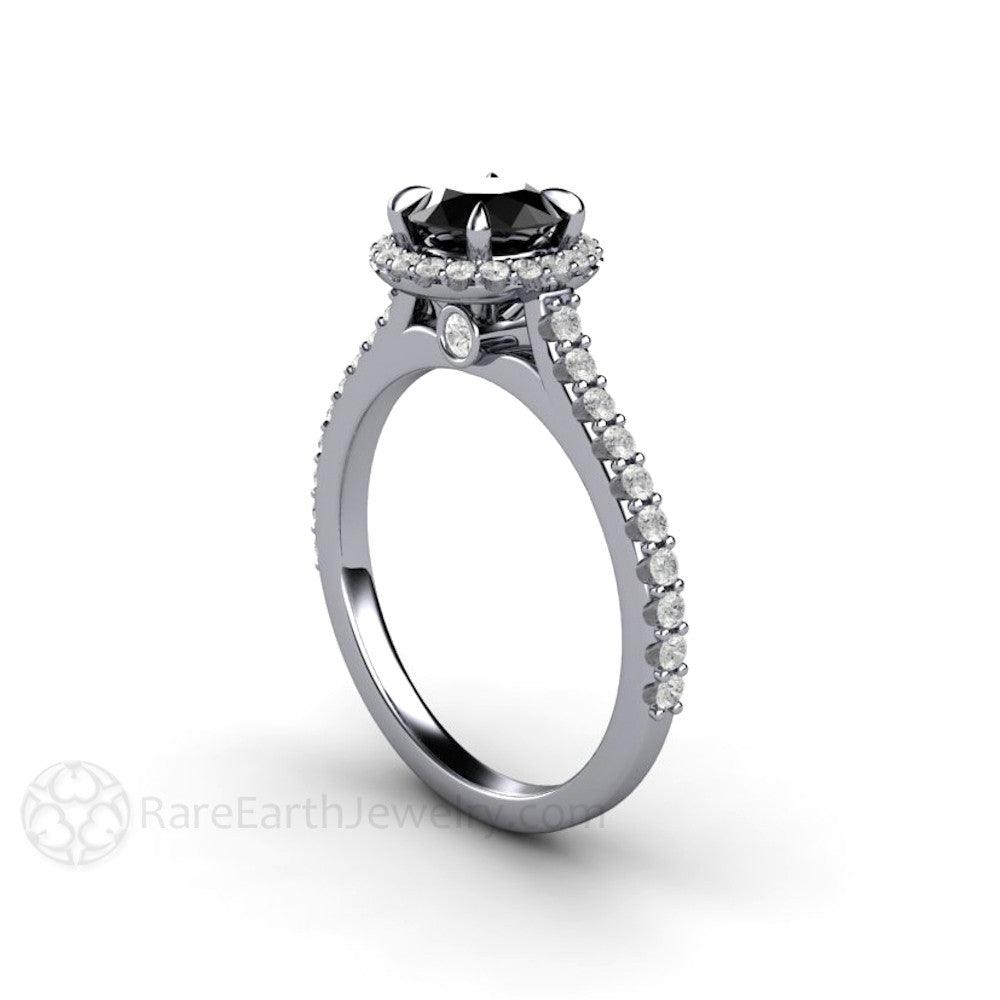 Petite Pave Halo Black Diamond Engagement Ring, Rare Earth Jewelry