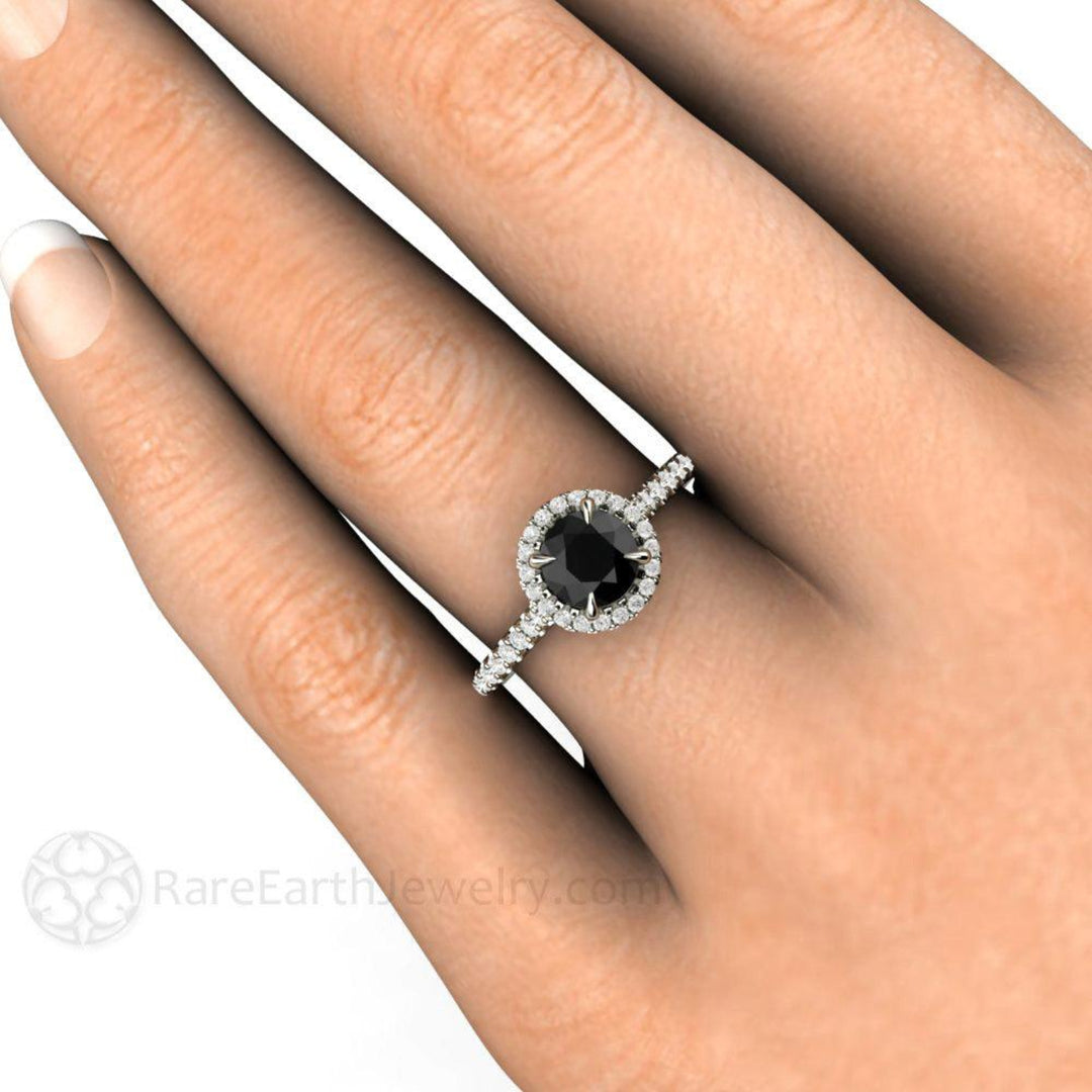 Petite Pave Halo Black Diamond Engagement Ring, Rare Earth Jewelry