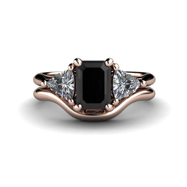 Black Diamond Engagement Ring 3 Stone with Sapphire Trillions 14K Rose Gold - Wedding Set - Rare Earth Jewelry