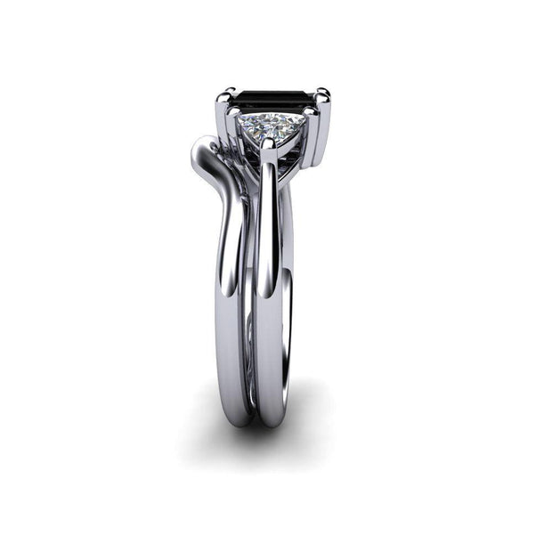 Black Diamond Engagement Ring 3 Stone with Sapphire Trillions - 14K White Gold - Wedding Set - Black - Diamond - Emerald Octagon - Rare Earth Jewelry