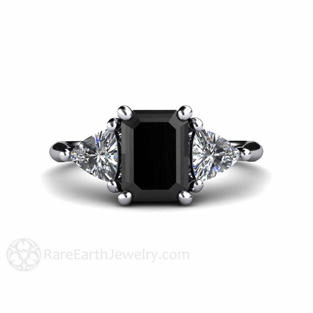 Black Diamond Engagement Ring 3 Stone with Sapphire Trillions - Rare Earth Jewelry