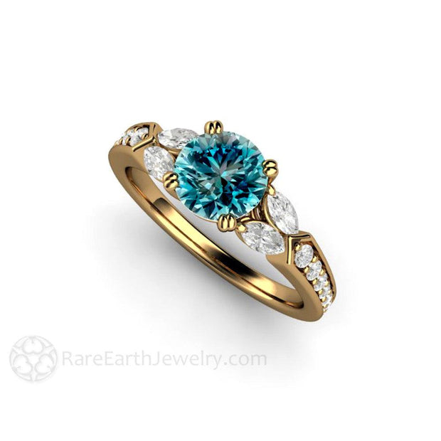 Blue Diamond Engagement Ring Vintage Solitaire Marquise Accents - 18K Yellow Gold - Engagement Only - April - Blue - Diamond - Rare Earth Jewelry