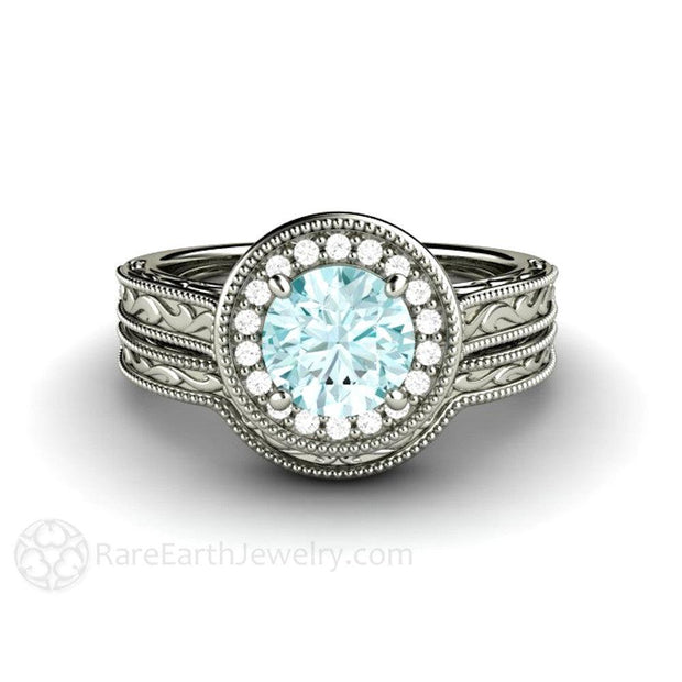 Blue Moissanite Engagement Ring Vintage Engraved Halo - 14K White Gold - Wedding Set - Blue - Halo - Moissanite - Rare Earth Jewelry