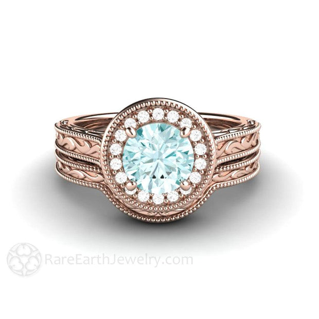 Blue Moissanite Engagement Ring Vintage Engraved Halo - 18K Rose Gold - Wedding Set - Blue - Halo - Moissanite - Rare Earth Jewelry