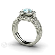 Blue Moissanite Engagement Ring Vintage Engraved Halo - 18K White Gold - Wedding Set - Blue - Halo - Moissanite - Rare Earth Jewelry