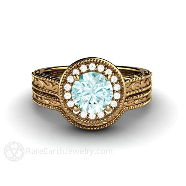Blue Moissanite Wedding Ring Set 18K Gold Art Deco Halo Design Rare Earth Jewelry