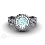 Platinum Blue Moissanite Bridal Set Diamond Halo Accents Vintage Design Rare Earth Jewelry