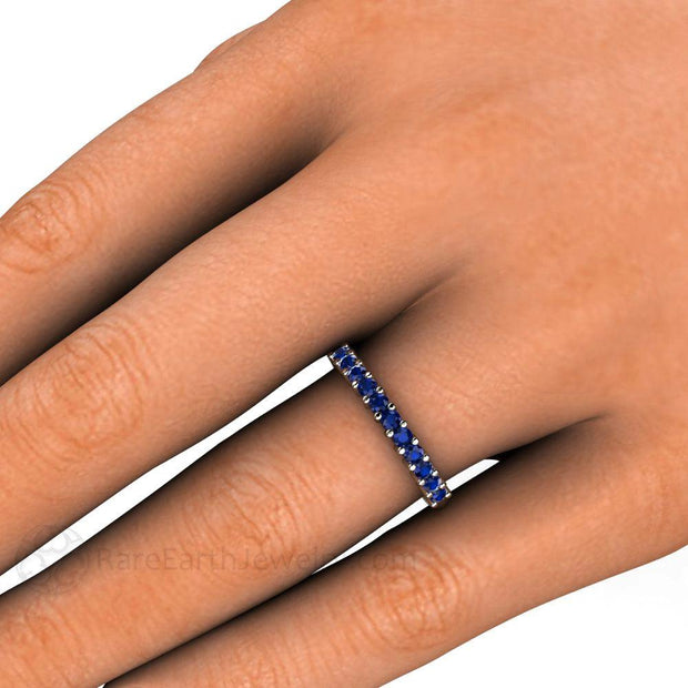 Blue Sapphire Anniversary Band or Stacking Ring September Birthstone 14K White Gold - Rare Earth Jewelry