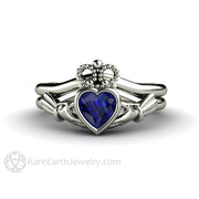 Blue Sapphire Claddagh Ring Celtic Engagement Ring Irish Jewelry 14K White Gold - Wedding Set - Rare Earth Jewelry