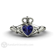 Blue Sapphire Claddagh Ring Celtic Engagement Ring Irish Jewelry 18K White Gold - Engagement Only - Rare Earth Jewelry