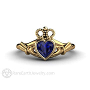 Blue Sapphire Claddagh Ring Celtic Engagement Ring Irish Jewelry 18K Yellow Gold - Engagement Only - Rare Earth Jewelry