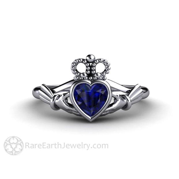 Platinum Claddagh Ring Blue Sapphire Engagement Ring Celtic Wedding Ring in Platinum Bezel Rare Earth Jewelry