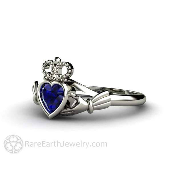 Blue Sapphire Claddagh Ring Celtic Engagement Ring Irish Jewelry 14K White Gold - Engagement Only - Rare Earth Jewelry