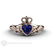 Blue Sapphire Claddagh Ring Celtic Engagement Ring Irish Jewelry 14K Rose Gold - Engagement Only - Rare Earth Jewelry