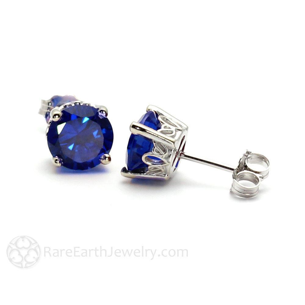 Blue Sapphire Earrings Round Studs in 14K Gold - Rare Earth Jewelry