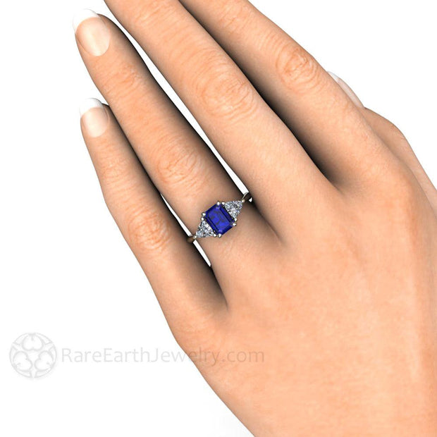 Blue Sapphire Engagement Ring 3 Stone with Diamond Trillions 18K White Gold - Rare Earth Jewelry