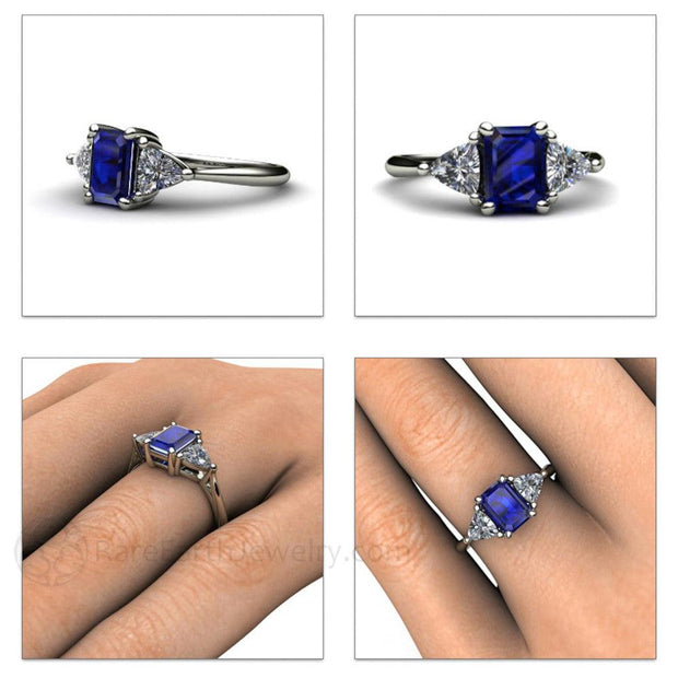 Blue Sapphire Engagement Ring 3 Stone with Diamond Trillions 18K White Gold - Rare Earth Jewelry