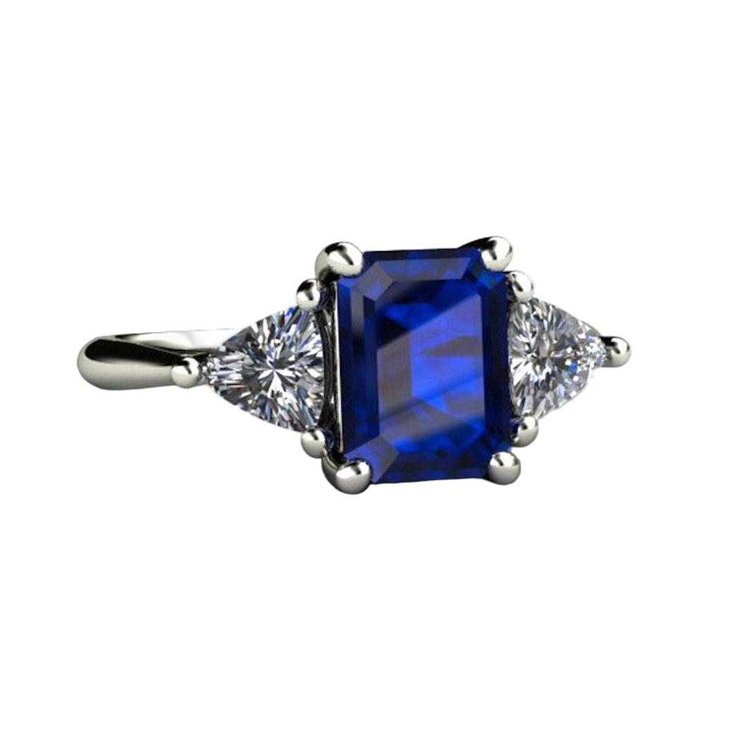 Blue Sapphire Engagement Ring 3 Stone with Diamond Trillions, Rare Earth Jewelry