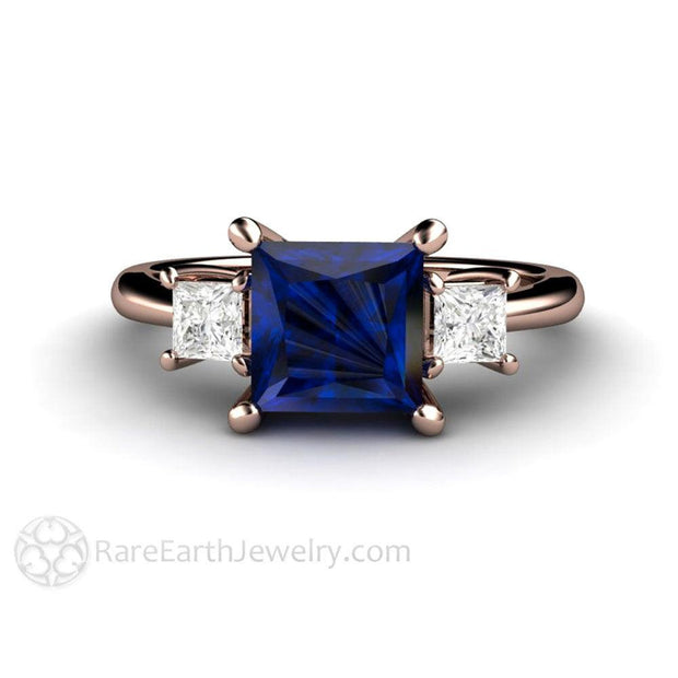 Blue Sapphire Engagement Ring 3 Stone with Princess cut Diamonds 14K Rose Gold - Rare Earth Jewelry