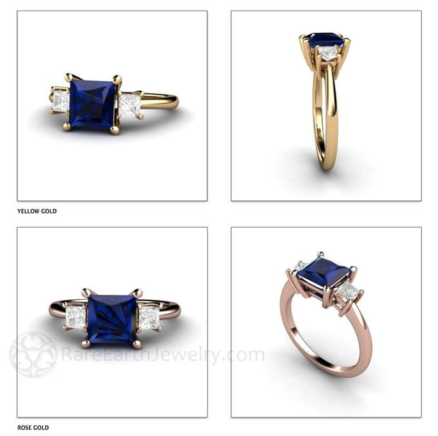Blue Sapphire Engagement Ring 3 Stone with Princess cut Diamonds 14K Yellow Gold - Rare Earth Jewelry