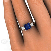 Blue Sapphire Engagement Ring 3 Stone with Princess cut Diamonds 14K Yellow Gold - Rare Earth Jewelry