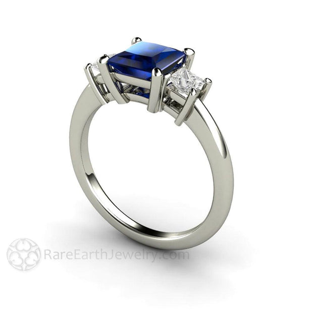 Blue Sapphire Engagement Ring 3 Stone with Princess cut Diamonds Platinum - Rare Earth Jewelry