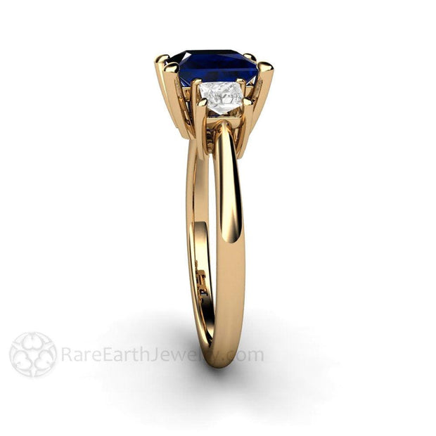 Blue Sapphire Engagement Ring 3 Stone with Princess cut Diamonds 18K Yellow Gold - Rare Earth Jewelry